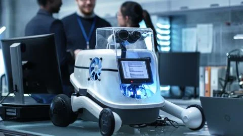 Shot of a Working Robot Prototype in a Modern Laboratory/ Research Center Stock Photos