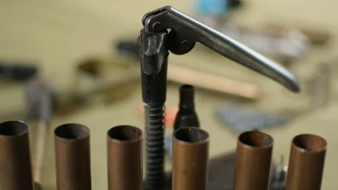 Shotgun cartridges reloading. capsules, shells, powder, cartridges, scales on th Stock Footage 197465015