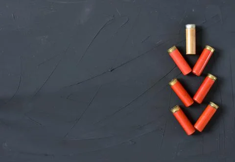 Shotgun shells isolated on background. Top view. Copy text place. Stock Photos