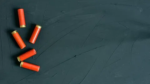 Shotgun shells isolated on background. Top view. Copy text place. Stock Photos