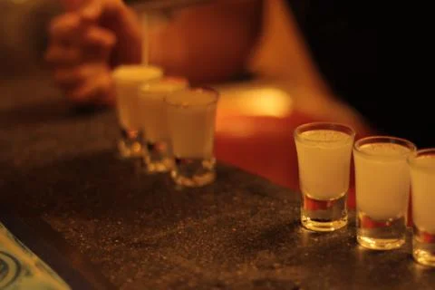 Shots lined up on a bar Foto stock