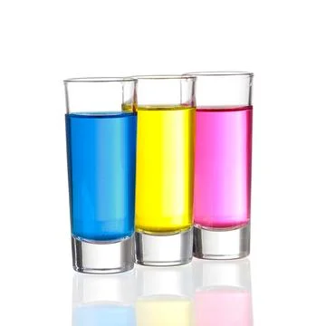Shots - Three colourful shot drinks on a white background with reflections Stock Photos