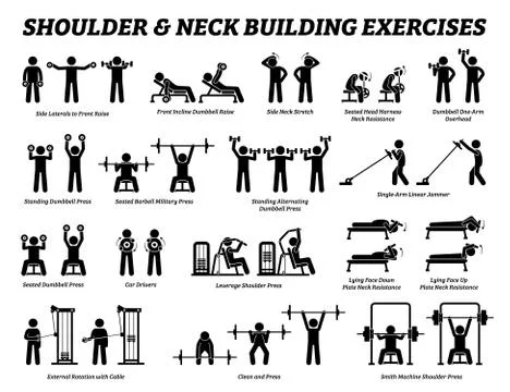 Shoulder and neck building exercise and muscle building stick figure pictogra Ilustración de archivo
