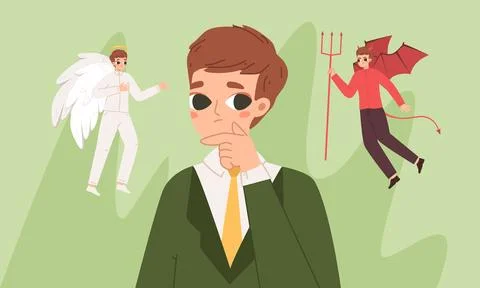 Shoulder devil and angel. Kind and evil human advisor, student, teens or Stock-Illustration