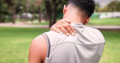 Shoulder pain, runner and back of man in nature for training fatigue, accident Stock Photos