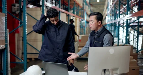 Shouting, manager and men with document, factory and angry for shipment delay or Stock Footage 335935975