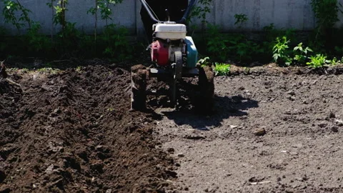 Shouting a vegetable garden with a plow with a tractor. Selective focus. Stock Footage 154513706