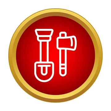 Shovel and axe working tools in red circle icon Stock Illustration