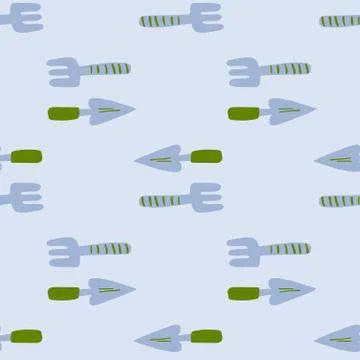 Shovel and rake elements seamless doodle pattern. Blue tones garden tool prin 스톡 일러스트