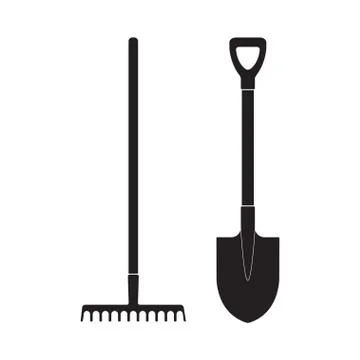 Shovel and rake icon or sign isolated on white background. Gardening tools Stock Illustration