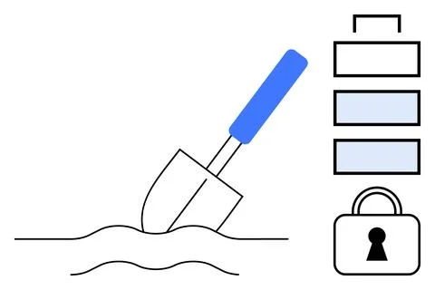 Shovel digging ground, blue-handled beside three stacked data layers in shade Stock Illustration