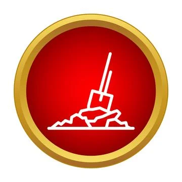 Shovel digging soil line icon red button Stock Illustration