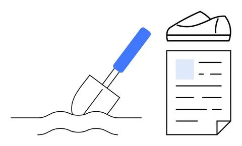 Shovel Digging in Soil Next to a Rolled Blueprint Document 스톡 일러스트
