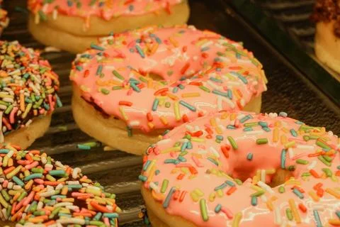 A show case of delicious donuts. Stock Photos