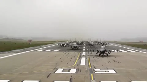 Show of Force! F-16 Massive Elephant Walk 009 Stock Footage 166450217