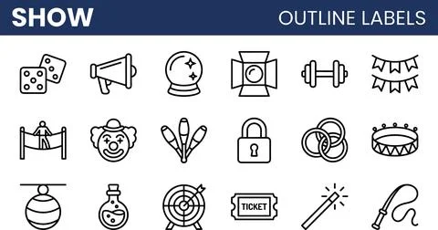 Show Outline Labels - Circus, Magic, and Entertainment Icons Set. 库存插图