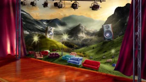 Show stage  in the meadow mountain with sofa and armchair with chillout style Illustrazione stock