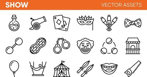 Show Vector Assets - Circus and Entertainment Line Icons Collection. 库存插图