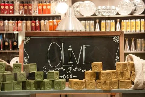 Show-window with multi-colored pieces of natural soap. Stock Photos