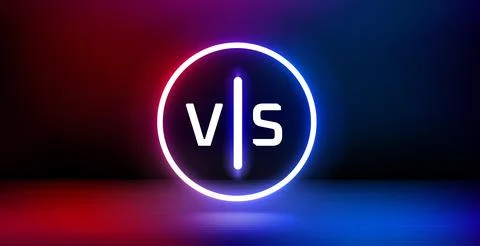 Showcase and shining neon frame and versus sign. 3d vector banner with copy.. Иллюстрация