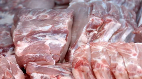 Showcase with a chilled meat steaks Stock Footage 67980413
