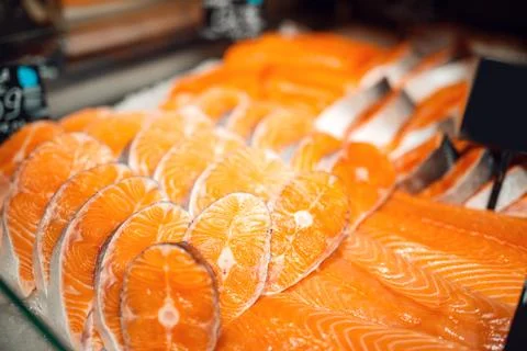 Showcase with chilled red fish in grocery store Stock Photos