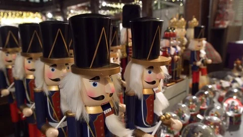 Showcase with Christmas decorations wooden Nutcracker Stock Footage 99458238
