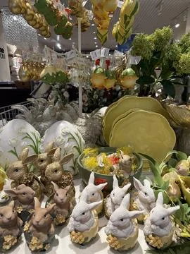 Showcase with cute Easter decoration goods in Home and you store in Poland Stock Photos