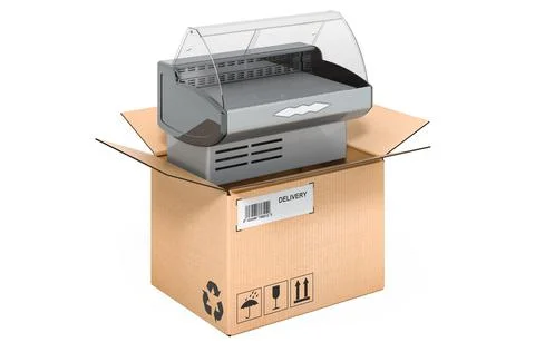 Showcase, display cabinet vitrine inside cardboard box, delivery concept. 3D  Stock Illustration