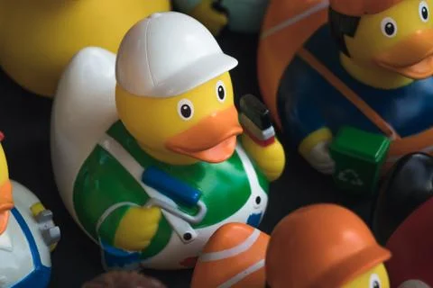 A showcase full of rubber ducks. Stock Photos