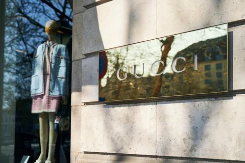 Showcase of the Gucci store Stock Photos