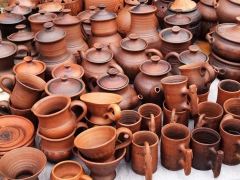 Showcase of handmade ceramic pottery Stock Photos