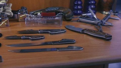 Showcase with knives Stock Footage 86391368