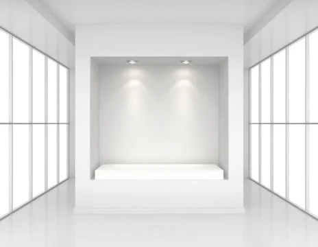 Showcase with lights and podiums for samples product in blank interior room Illustrazione stock