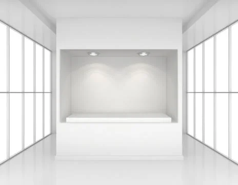 Showcase with lights and podiums for samples product in blank interior room Illustrazione stock