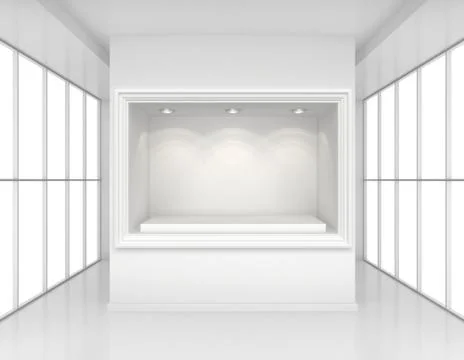 Showcase with lights and podiums for samples product in blank interior room Illustrazione stock