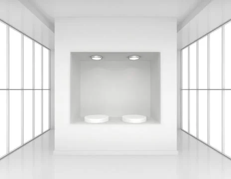 Showcase with lights and podiums for samples product in blank interior room Illustrazione stock