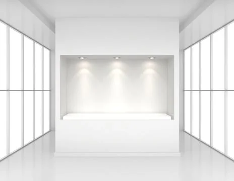 Showcase with lights and podiums for samples product in blank interior room Illustrazione stock