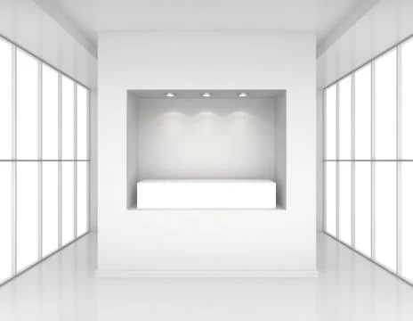 Showcase with lights and podiums for samples product in blank interior room Illustrazione stock