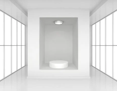Showcase with lights and podiums for samples product in blank interior room Illustrazione stock
