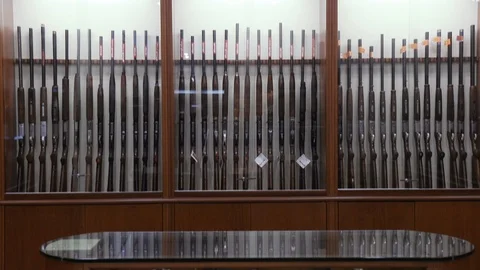 Showcase with machine guns Stock Footage 86391427