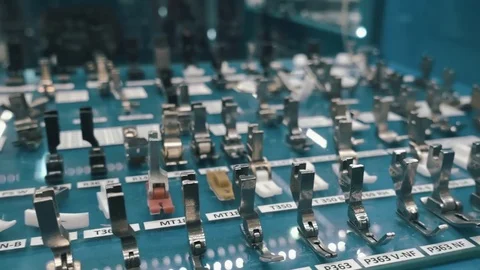 Showcase with many new sewing stand at the exhibition Stock Footage 82709918