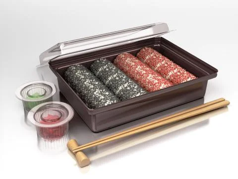 Showcase product presentation rolls set on a black delivery box plate 3d rend Stock Illustration