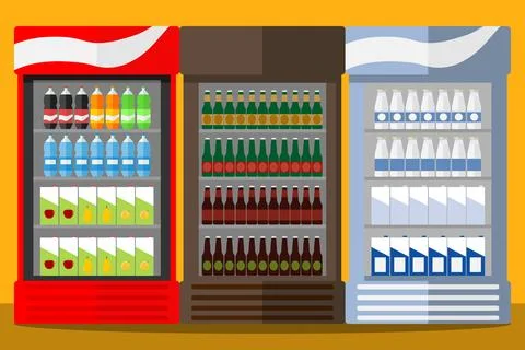 Showcase-refrigerator with drinks. Beer, carbonated water, juice, milk. Stock Illustration