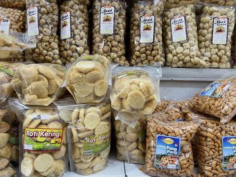 Showcase of snacks, various kinds of souvenirs Stock Photos