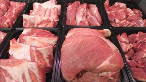 Showcase in the store. Meat pork, beef, poultry. Close-up in retail. Stock Footage 86225314