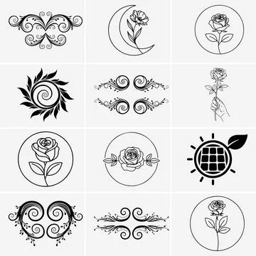 Showcase various black line style floral decorative elements, including scrol イラスト素材