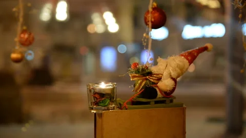 Showcase, windowsill, cafe window with holiday items Stock Footage 132120989