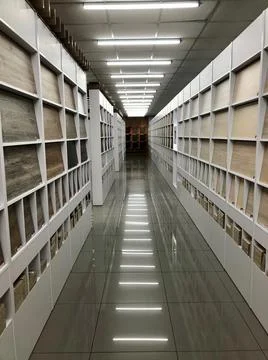 Showcase of wood chipboard samples in the store Stock Photos