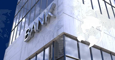 Showcasing 3D render chrome BANK letters on marble facade, overlaying world map Stock Footage 308602775